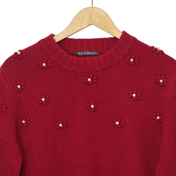 Alashan Wool Pearl Embellished Red Sweater Crew Neck Holiday Party Winter XL - Picture 3 of 15